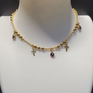Evil Eye With Cross Charm Anklet. 14k Gold Over 925 Silver.